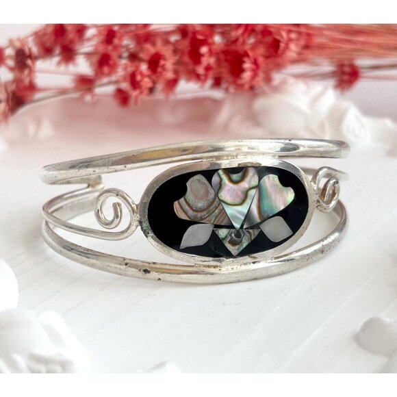Alpaca Silver Plated Abalone Inlaid Floral Vintage Southwest Bracelet | Bangle - Picture 1 of 10